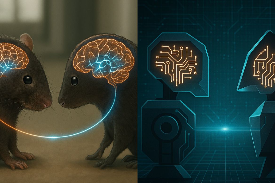 AI-generated image of two mice with illuminated brains connected together by a thin cable