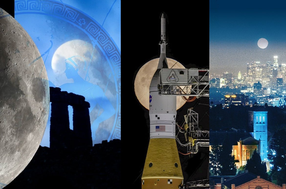 Collage, from left, of moon close-up, moon behind a rocket and moon in a city skyline