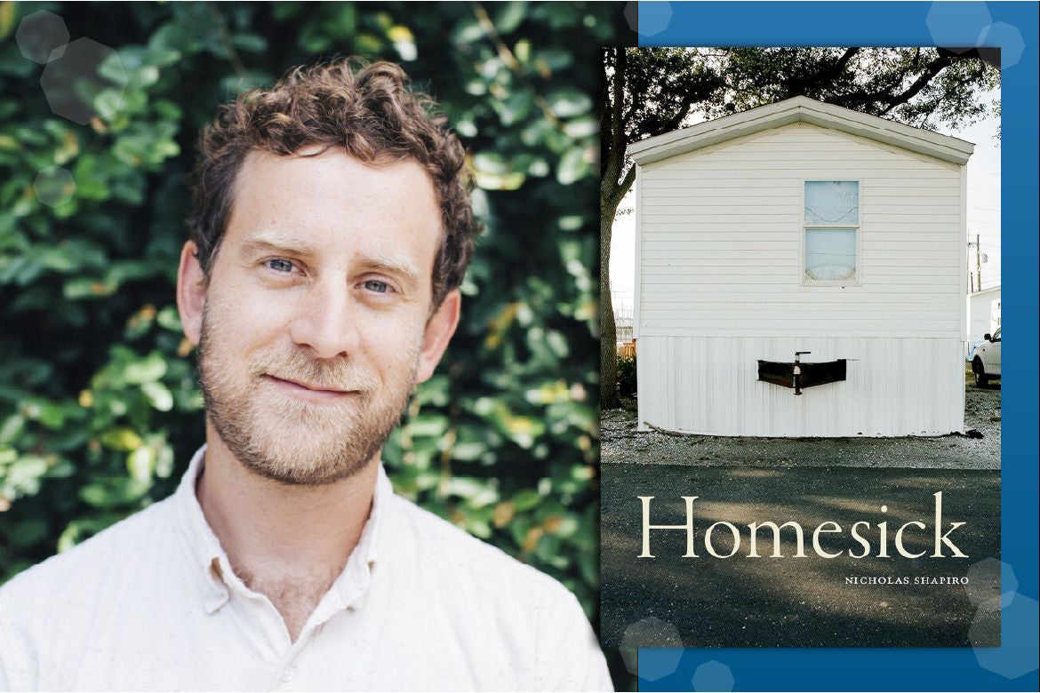Nicholas Shapiro portrait, left, and cover of “Homesick” book showing white trailer home