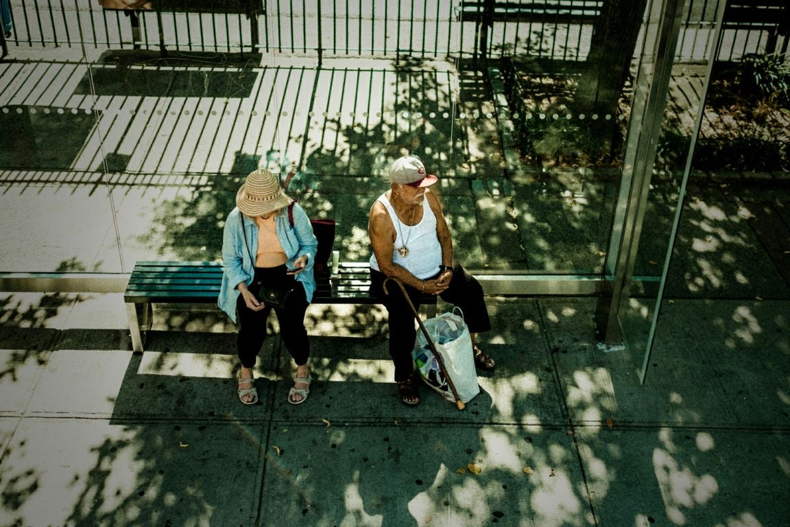 A man and woman sit on the bench of a bus stop covered by tree shade