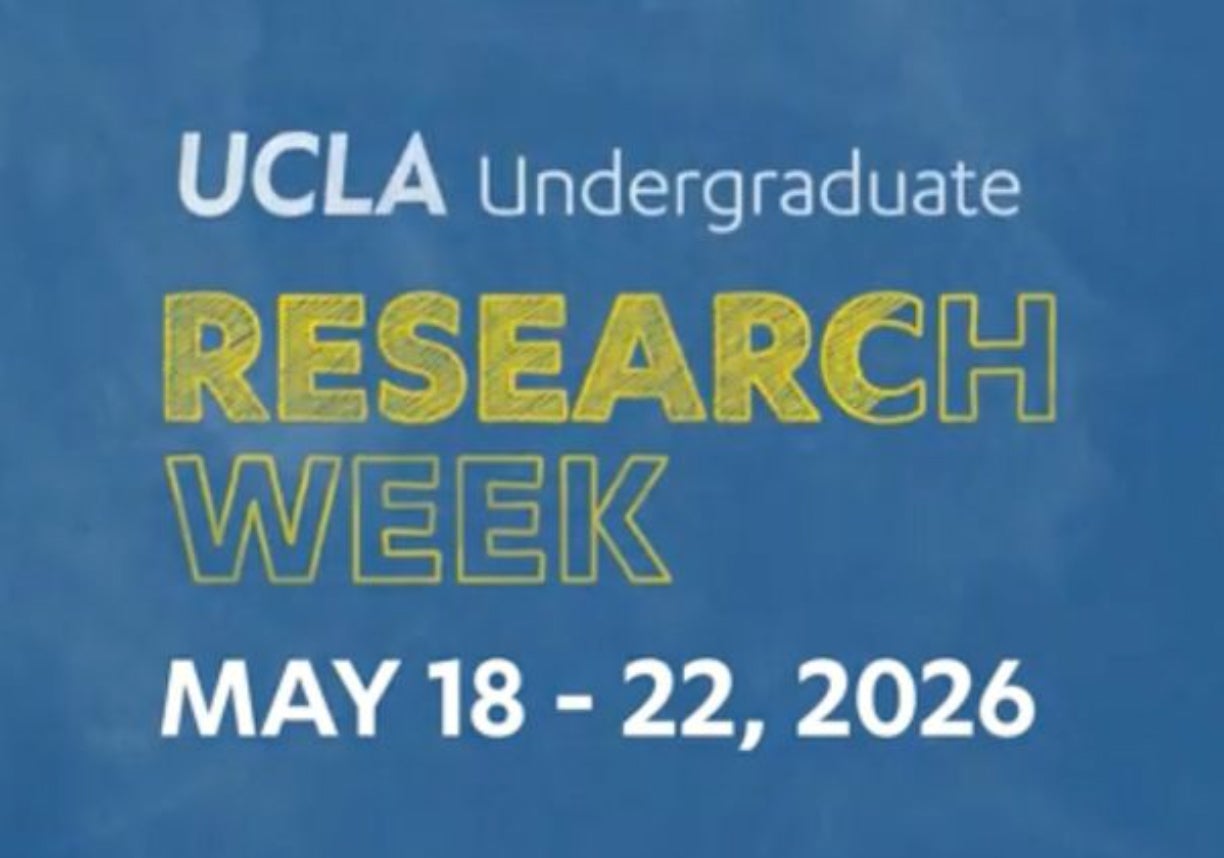 UCLA Undergraduate Research Week May 18–22, 2026 in white and yellow letters against a blue background