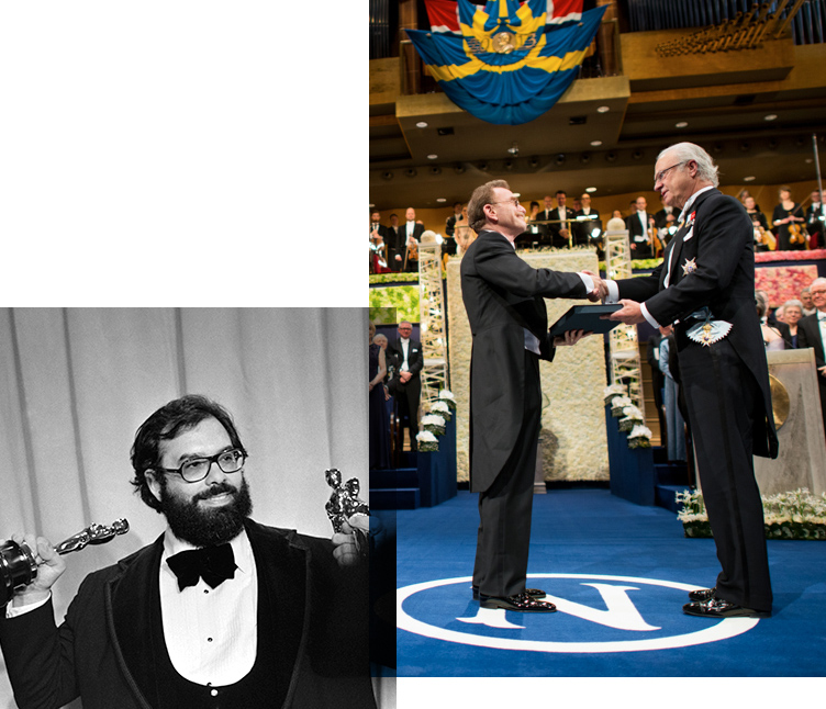 Francis Ford Coppola posing with three Academy Awards, and Randy Schekman receiving his Nobel Prize