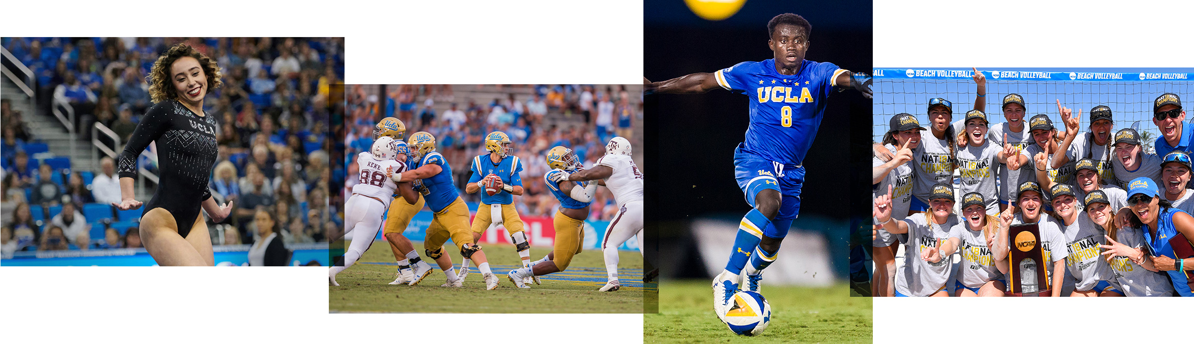 UCLA gymnastics, football, soccer and beach volleyball athletes in a four panel collage