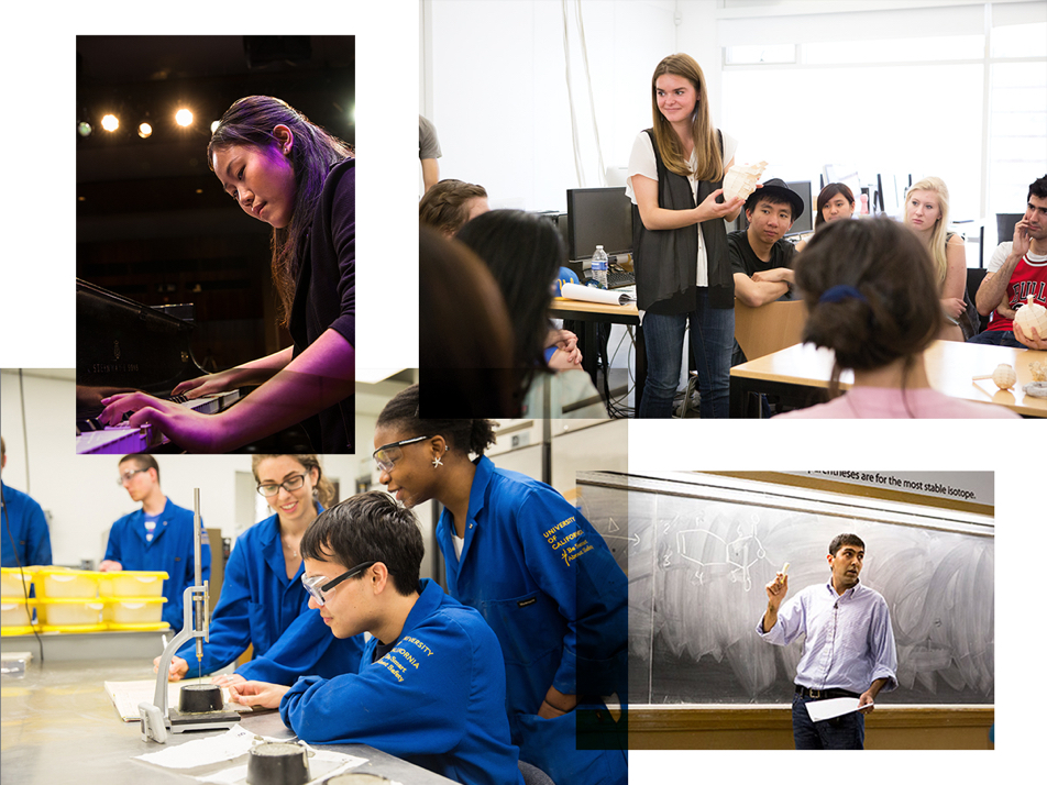 A student presenting, a faculty member teaching, lab students and a music class.