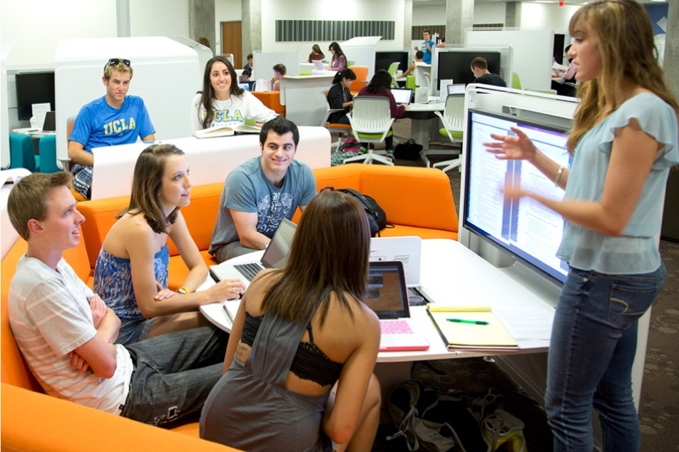 A group of students work on a project together in a shared workspace.