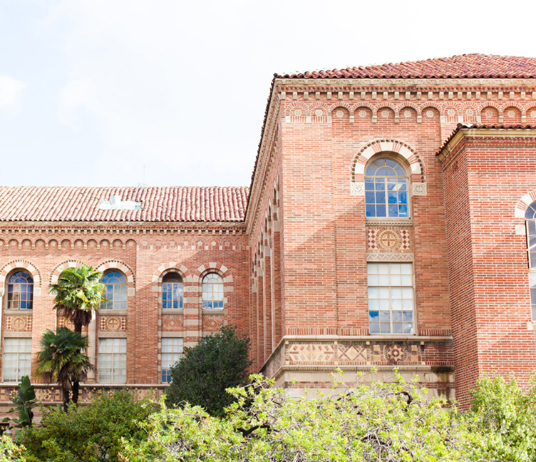 The second floor of Haines Hall stands above green foliage and palm trees.