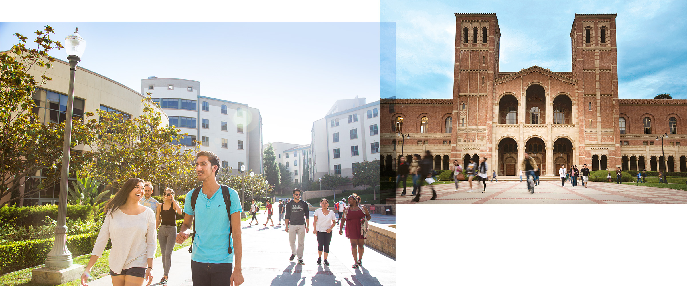 Two photos of students walking in front of Royce Hall and on the Hill.