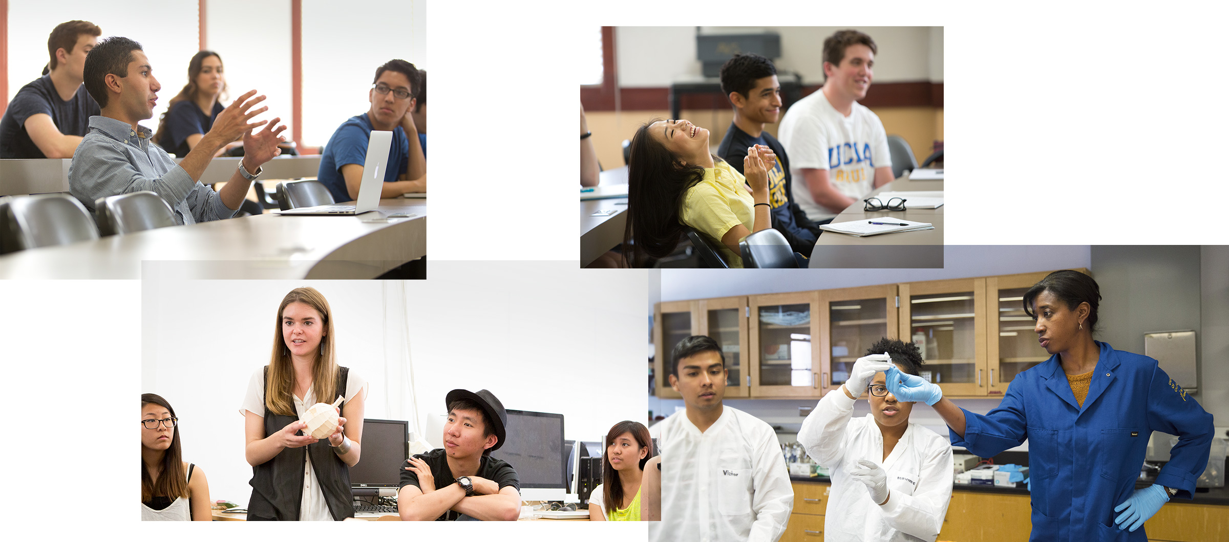 Students participating in classroom presentations, laughing together, and learning in a science lab