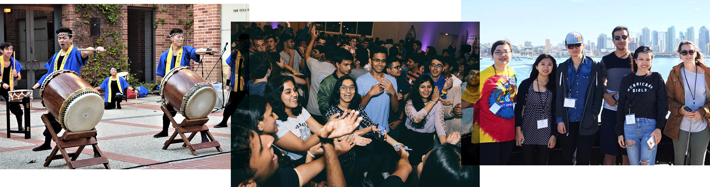 international students at a talent show, at a dance, and posing on a trip abroad