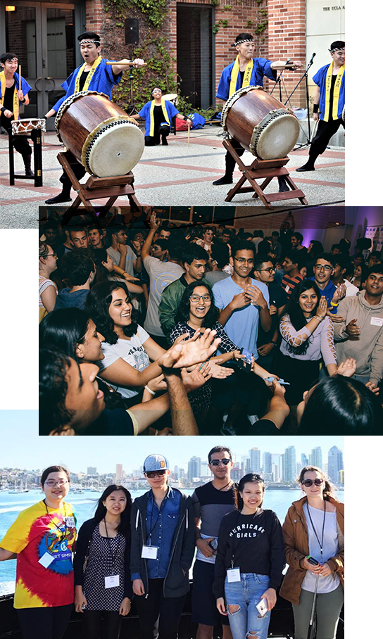 international students at a talent show, at a dance, and posing on a trip abroad