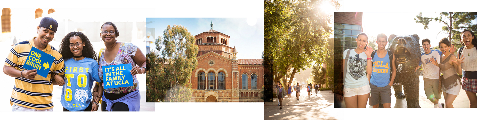 A collage of students holding Bruin signs, campus and students standing by the Bruin statue.