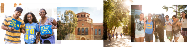 A collage of students holding Bruin signs, campus and students standing by the Bruin statue.