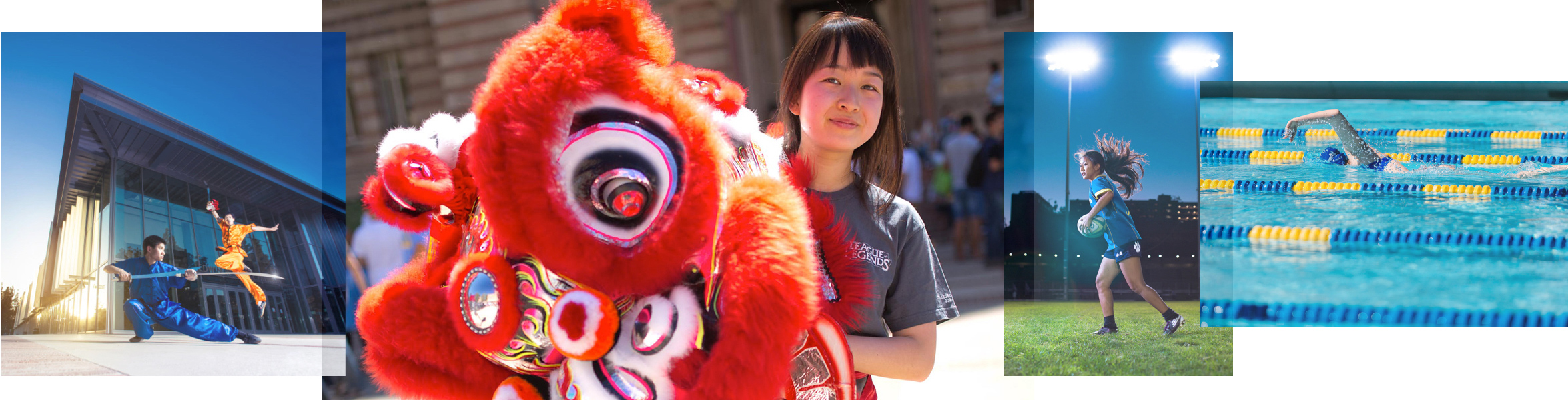 A collage shows students engage in martial arts, a student holding a red dragon mask, a rugby player and a swimmer.