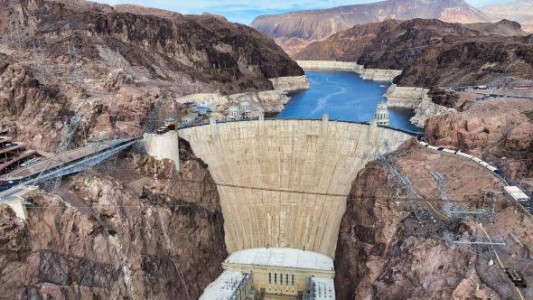An aerial shot of the hoover dam”