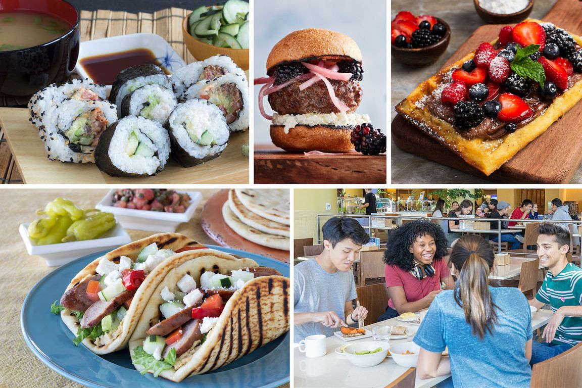 Collage of a variety of UCLA dining food options such as sushi, a hamburger, chocolate fruit tart, beef shawarma.