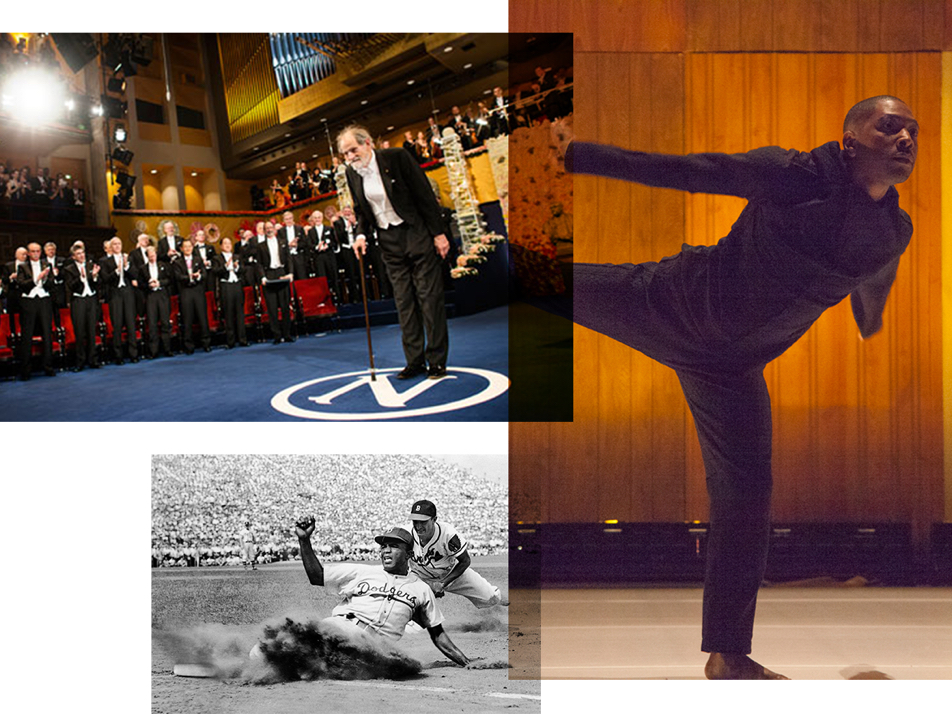 A three image collage of a Nobel Prize ceremony, a dancer performing on stage and Jackie Robinson playing baseball.