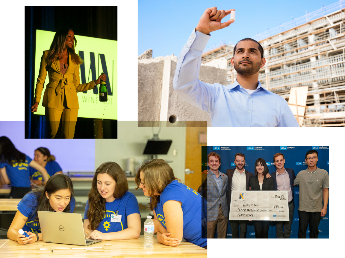 A woman delivering a presentation; A man inspecting a sample in front of a construction site; Three female students collaborating while gathered around a laptop; UCLA Anderson presents entrepreneur with the first place prize of $40,000