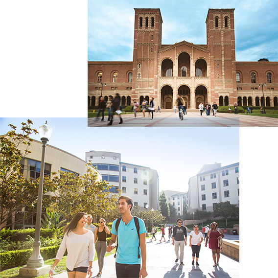 Two photos of students walking in front of Royce Hall and on the Hill.