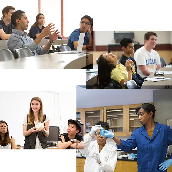 Students participating in classroom presentations, laughing together, and learning in a science lab